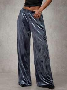 SHEIN BAE بنطلون رمادي نسائي طويل للموضة العصرية، متنوع الاستخدام من اليومي إلى السهرات، بقصة مستقيمة مريحة بخصر مرن ومطوي من القطيفة اللامعة - الأسود - مشاهدة 3