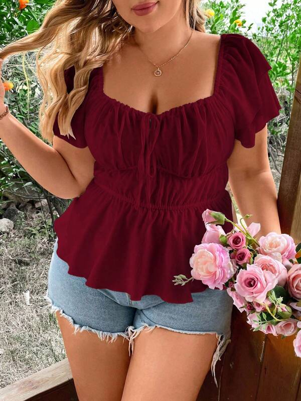 Sunnyshic Plus Size Tie Front Double Layer Ruffle Sleeve Blouse Peplum Top