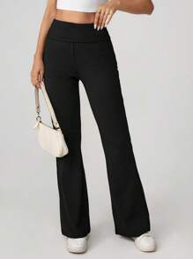 SHEIN EZwear Women Plus Size Solid High Waisted Flare Casual Pants, Versatile