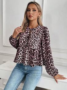 SHEIN Unity Leopard Print Ruffle Front Tie Waist Long Sleeve Women Shirt Peplum Top - Multicolor - View 5