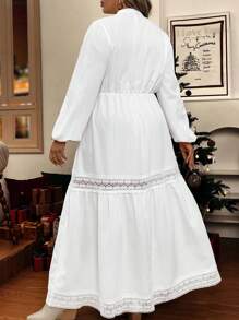 SHEIN VCAY Plus Size Solid Color Lace Patchwork Notched Neck Lantern Sleeve Dress, Casual Style For Autumn - White - View 2