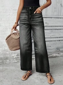 EMERY ROSE Vacation Casual Washed Retro Straight Leg Jeans - Black - View 7