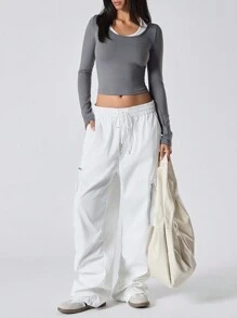 Muchica Contrast Color Round Neck Pleated 2 In 1 Tight Fit Long Sleeve T-Shirt - Grey - View 5