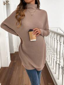 SHEIN Maternity Loose Solid Stand Collar Batwing Sleeve Sweater, Casual For Autumn/Winter - Apricot - View 3