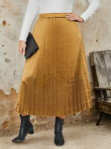 Plus Size Elastic Waist Pleated A-Line Skirt, Casual Everyday Wear, Autumn Fall Cloth For Women - Gold - View 5