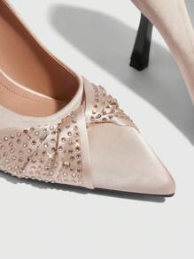 CUCCOO CHICEST Women's Solid Color Rhinestone Decor Casual High Heel Pumps New Year Holiday - Apricot - View 3