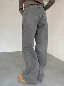 DAZY 女士宽松直筒长款牛仔裤，街头风低腰牛仔裤 - 淺灰色 - 查看 2