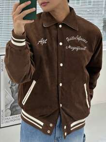 DAZY Men Letter Embroidered Single Breasted Casual Jacket, Autumn' - Brown - View 8