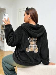 SHEIN EZwear 大码女式熊印花连帽长袖黑色外套，适合冬季