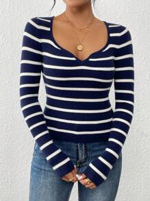 Chiquease Women Casual Everyday Notched Collar Striped Fitted Long Sleeve Sweater, Autumn/Winter - Royal Blue - View 3