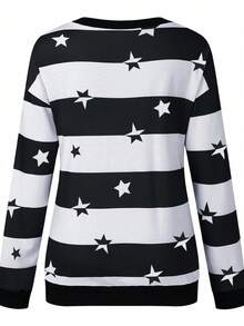 星星印花落肩袖運動衫 - 黑與白 - 查看 2