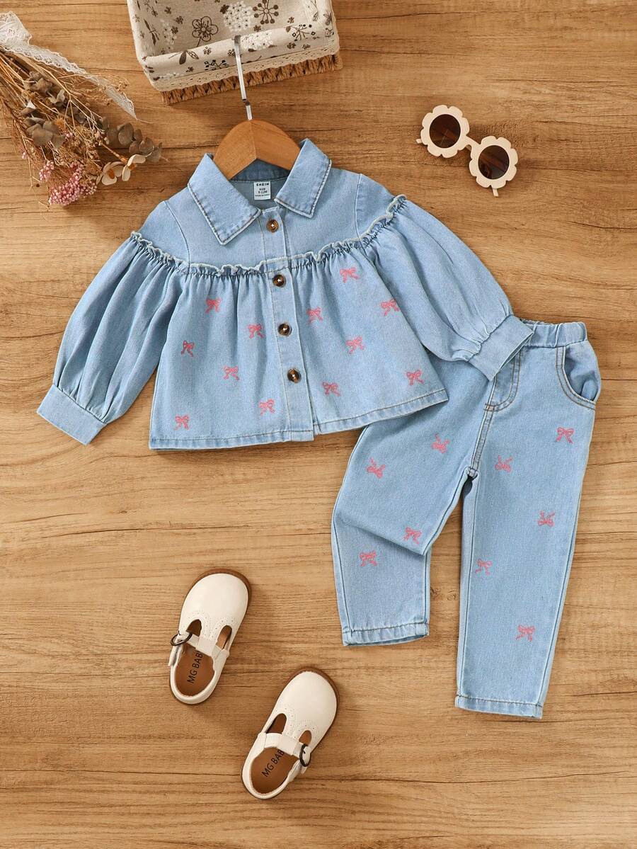 2pcs Baby Girl Casual Chic Light Blue Denim Shirt Collar Top Paired
