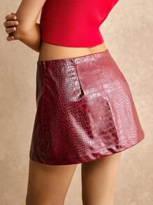 Poéselle Women's Fall Sexy Vintage Leather Red Low Waist Mini Skirt