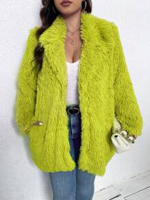 Calvaya Plus Size Effen Kleur Fluffy Kraag Lange Mouw Thermische Jas, Herfst/Winter