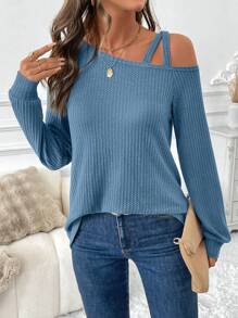EMERY ROSE Women Casual Asymmetric Collar Spaghetti Strap Lantern Sleeve Waffle Texture Fabric T-Shirt, Elegant And Comfortable For Autumn/Winter