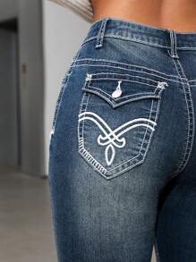 SHEIN ICON Quần Jeans Skinny Fit Thường Ngày Màu Trơn Có Túi Cho Nữ, Quần Jeans Denim Dày Giữ Nhiệt Mùa Thu/Đông - Màu xanh lam - Xem 5