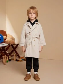 PrepCrw 年轻男孩学院风双排扣卡其色领风衣，长袖长款风衣，适合返校季、秋冬季 - 卡其色 - 查看 6