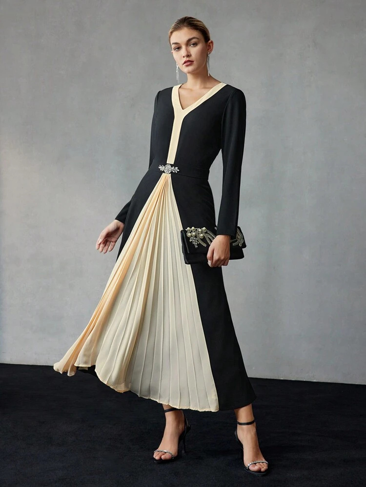 TWO TONE V-NECK RHINESTONE WAIST PLEATED HEM DRESS