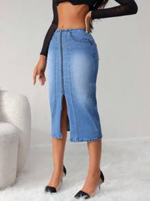 SHEIN SXY Women's Zip-Up Slit Hem Long Denim A-Line Skirt - Medium Wash - View 2