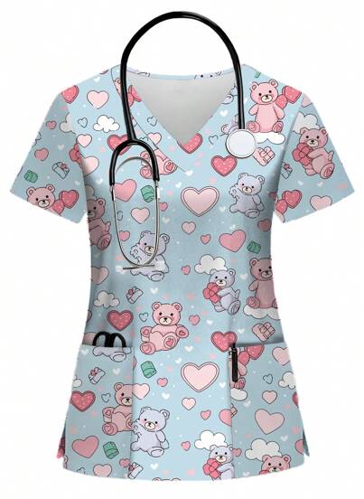 PopScrub Cartoon Print Short Sleeve Nurse Uniform Top For Women Set Scrub Set Nurse Dresses Scrub Tops Scrub Bottoms Lab Coats Scrub Outwear Print V Neck Frosted Scrub Top, Casual Short Sleeve Work Wear, Women Sweetheart V-Neck Ruched Blouse, Women Short Sleeve V-Neck Nurse Uniform Shirt With 2 Pockets, Soft Stretchy Ruched Graphic Tee