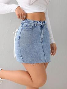 SHEIN Tall 女士牛仔裙迷你蝴蝶结休闲蓝色迷你裙浅蓝色裙子迷你裙 - 淺色水洗藍 - 查看 3