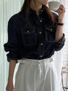 DAZY 1pc Women Loose Pocketed Lapel Casual Denim Blouse Shirt,Fall Clothes,Jeans Jacket Long Sleeve Women