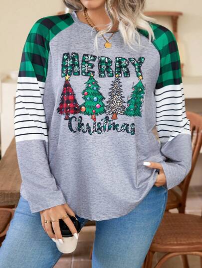 SHEIN CURVE+ Plus Size Christmas Letter & Christmas Tree Print Long Sleeve T-Shirt, Casual Autumn Graphic Tees Women Tops For Spring Outfit