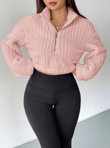 SHEIN EZwear 秋冬半拉链落肩短款卡其色卫衣、长袖上衣 - 粉色 - 查看 3