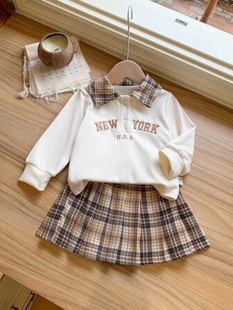SHEIN Baby Girls 4-Seasons Fitted Active Sweatshirt Top And Plaid Skirt 2Pcs Set For Casual Outfitting, Events And Outings