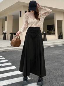 DAZY 1pc Women's Solid Color Bow Decor Long Pleated Skirt, Elegant - Black - View 2