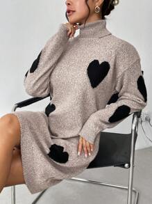 SHEIN Clasi 女士高领长袖心形提花毛衣连衣裙 - 彩色 - 查看 1