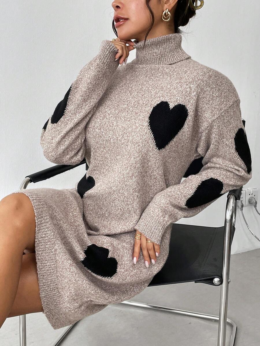 SHEIN Clasi 女士高领长袖心形提花毛衣连衣裙 - 彩色 - 查看 1