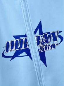 青少年男孩休闲日常字母和星星印花拉链连帽衫，秋季