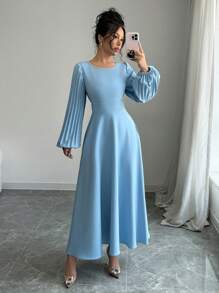 Elenzga 1 件女士圆领腰部褶皱喇叭形日常连衣裙长款女装 - 藍色 - 查看 6