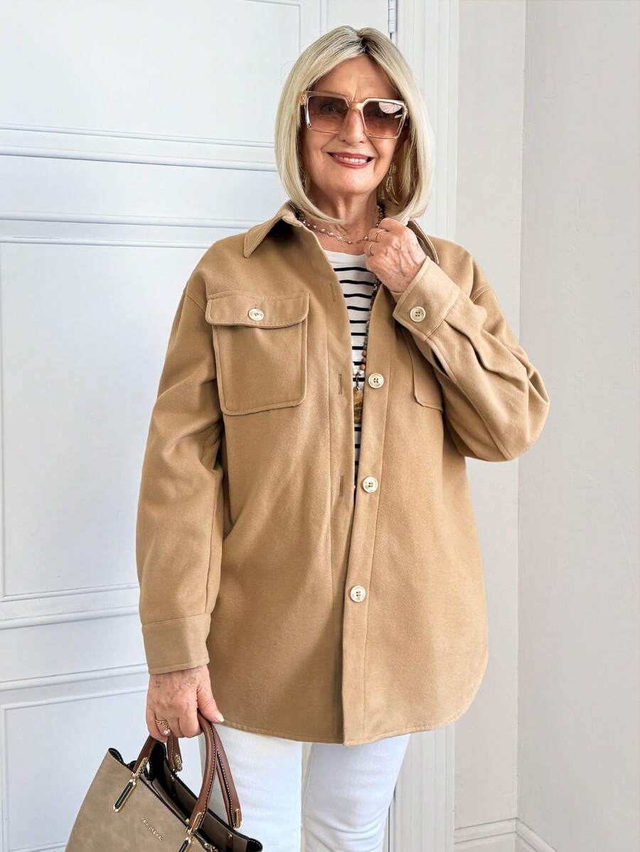 SHEIN LUNE Women Solid Color Front-Button Long Sleeve Pocket Casual Blouse - Khaki - View 1