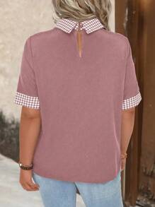 大码女式拼布千鸟格印花领短袖休闲衬衫 - 藕粉色 - 查看 2