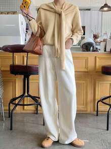 DAZY 2pcs Set Women Solid Crew Neck Pullover Sweater & Poncho Top,Fall Clothes - Ginger - View 5