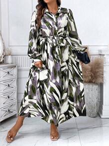 Celure Plus Size Women's Full Print Puff Sleeve Tie Waist Dress, Spring/Autumn - Olive Green - View 5