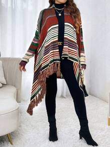 Calvaya Cárdigan casual holgado de manga larga a rayas y remiendo con flecos en el bajo para mujer de talla grande, otoño