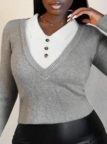 Zolique Winter Slim Fitting Friends Gathering Women's Fleece Sweater Gray Long Sleeved Top, Knit Pullover Fall - Grey - View 5