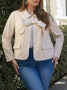 SHEIN Privé Blazer Ukuran Plus Elegan untuk Komuter, Tempat Kerja, Intelektual, Kelas Atas, Minum Teh Sore, Sedikit Seksi, Kencan, Konser, Pesta, dengan Kerah Berpita - Grey - View 9
