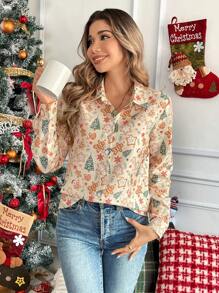 SHEIN LUNE 女式圣诞印花前开长袖衬衫、长袖上衣 - 彩色 - 查看 4