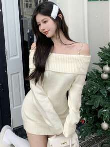 DAZY 女士纯色露肩长袖优雅毛衣连衣裙，秋冬露肩 - 米色 - 查看 2