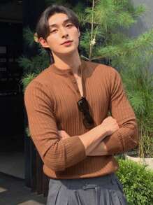 DAZY 1pc Men's Solid Coffee Brown Ribbed Knitted Half-Placket Sweater, Autumn - Brown - View 8