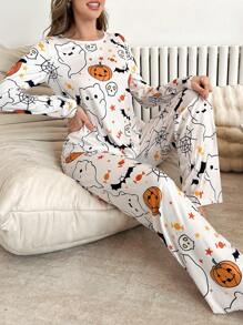 Conjunto de pijama con capucha de manga larga con estampado de calabaza de Halloween, ropa de otoño - Multicolor - Ver 5