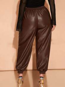 SHEIN BAE Plus Size Brown PU Elastic Waist Pants With Pockets, Suitable For Daily Wear,Brown Leather Pants,Halloween Women Costumes,Chocolate,Leather Cargo Pants