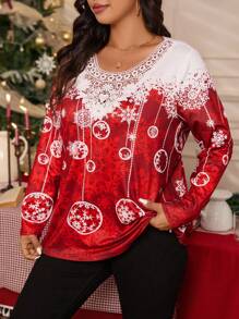 SHEIN LUNE Plus Size Fashion Versatile Colorblock Snowflake Print Collar Splice Lace Trim T-Shirt, Layering Or Standalone Design, Fits Halloween, Christmas, New Year, Valentine's Day, Thanksgiving Party