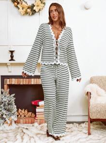 SHEIN VCAY Set de 2 piezas de mujer con top de raya y cinta de onda contrastante con nudo adelante y pantalón recto holgado, para primavera y otoño
