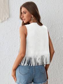 SHEIN VCAY Áo khoác mùa hè hở trước tua rua - trắng - Xem 2