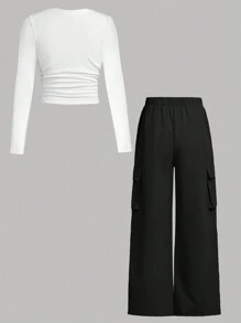 Tween Girl Rib Knit Ruched Long Sleeve Top And Utility Pants Casual 2 Pieces Set